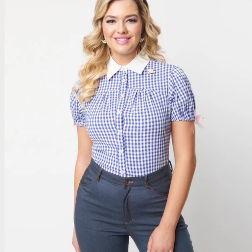 Unique Vintage Blue and white gingham Button Down Shirt